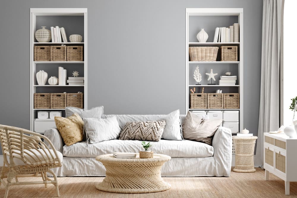 Living Room painted grey with white trim
